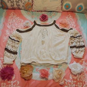 Free People White Embroidered Cold-Shoulder Long Sleeve Top
